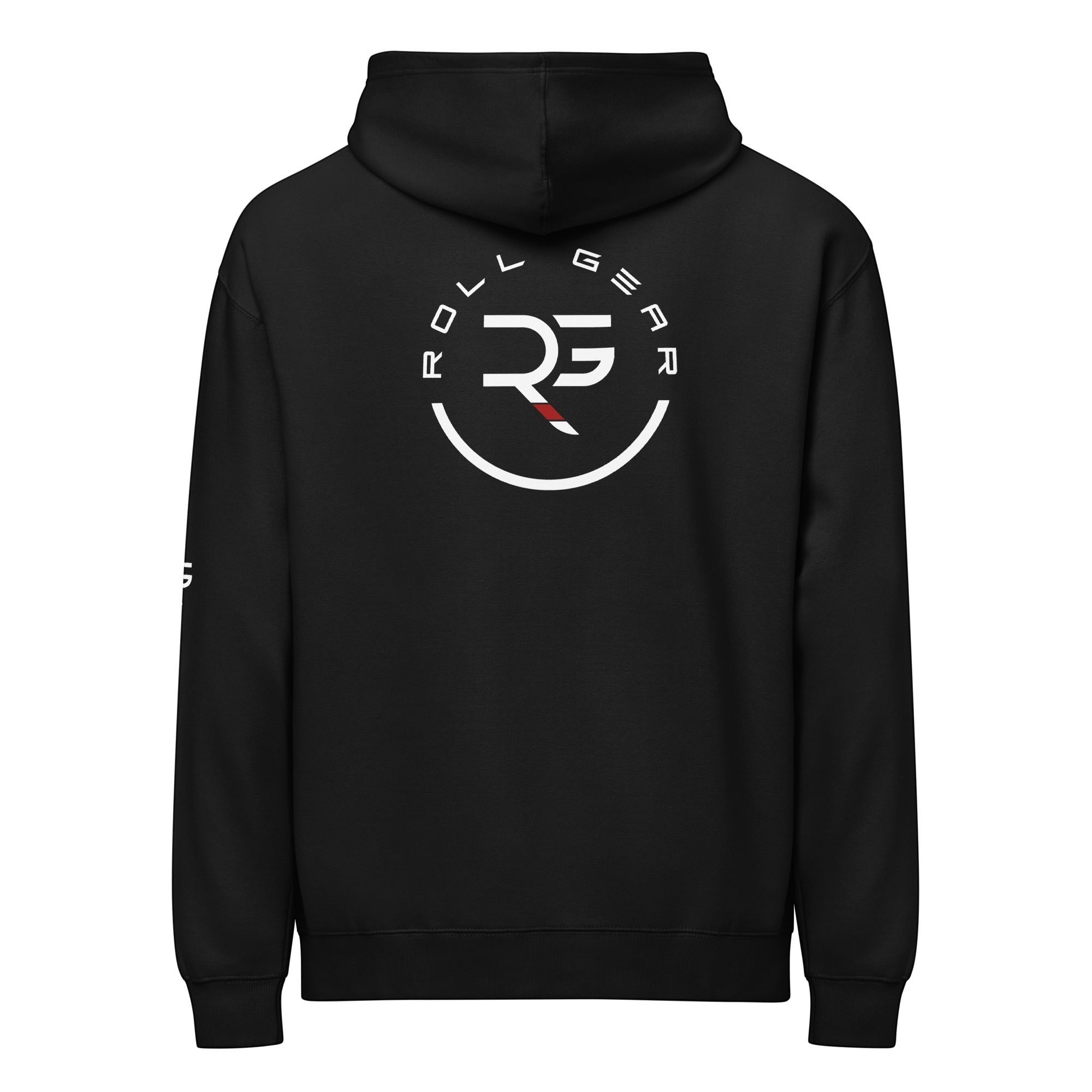 Roll Gear black cotton blend sweatshirt with circular logo and text on back. Athletic fit.