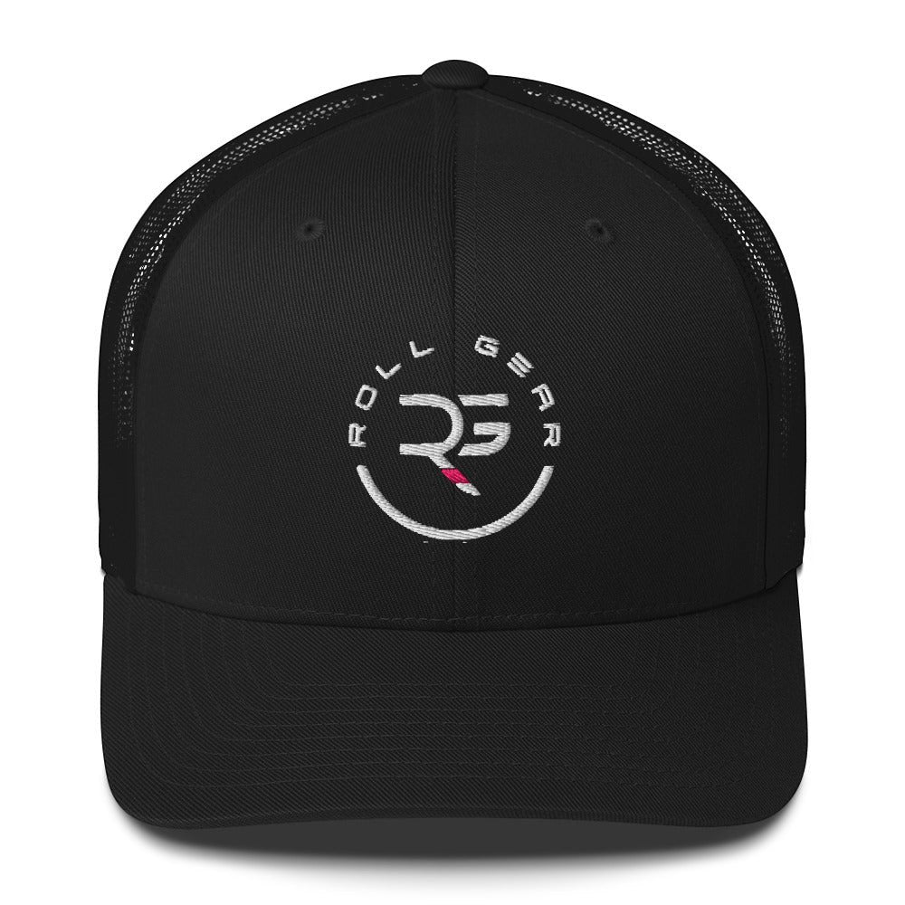 Roll Gear black trucker cap with embroidered logo and mesh back. Structured six-panel design with adjustable snapback.
