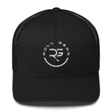 Roll Gear black trucker cap with embroidered logo and mesh back. Structured six-panel design with adjustable snapback.