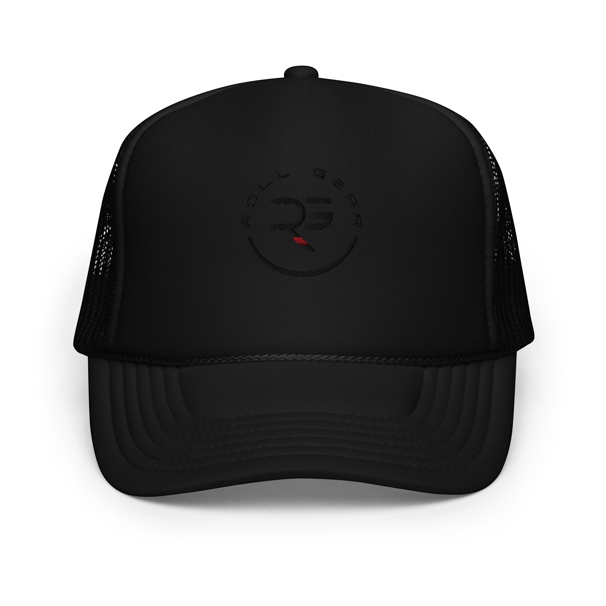 Roll Gear black trucker hat with embroidered logo and mesh back for ventilation. Adjustable snapback closure.