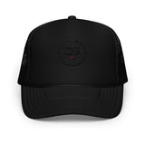 Roll Gear black trucker hat with embroidered logo and mesh back for ventilation. Adjustable snapback closure.