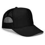 Roll Gear black trucker hat with embroidered logo and mesh back for breathability.