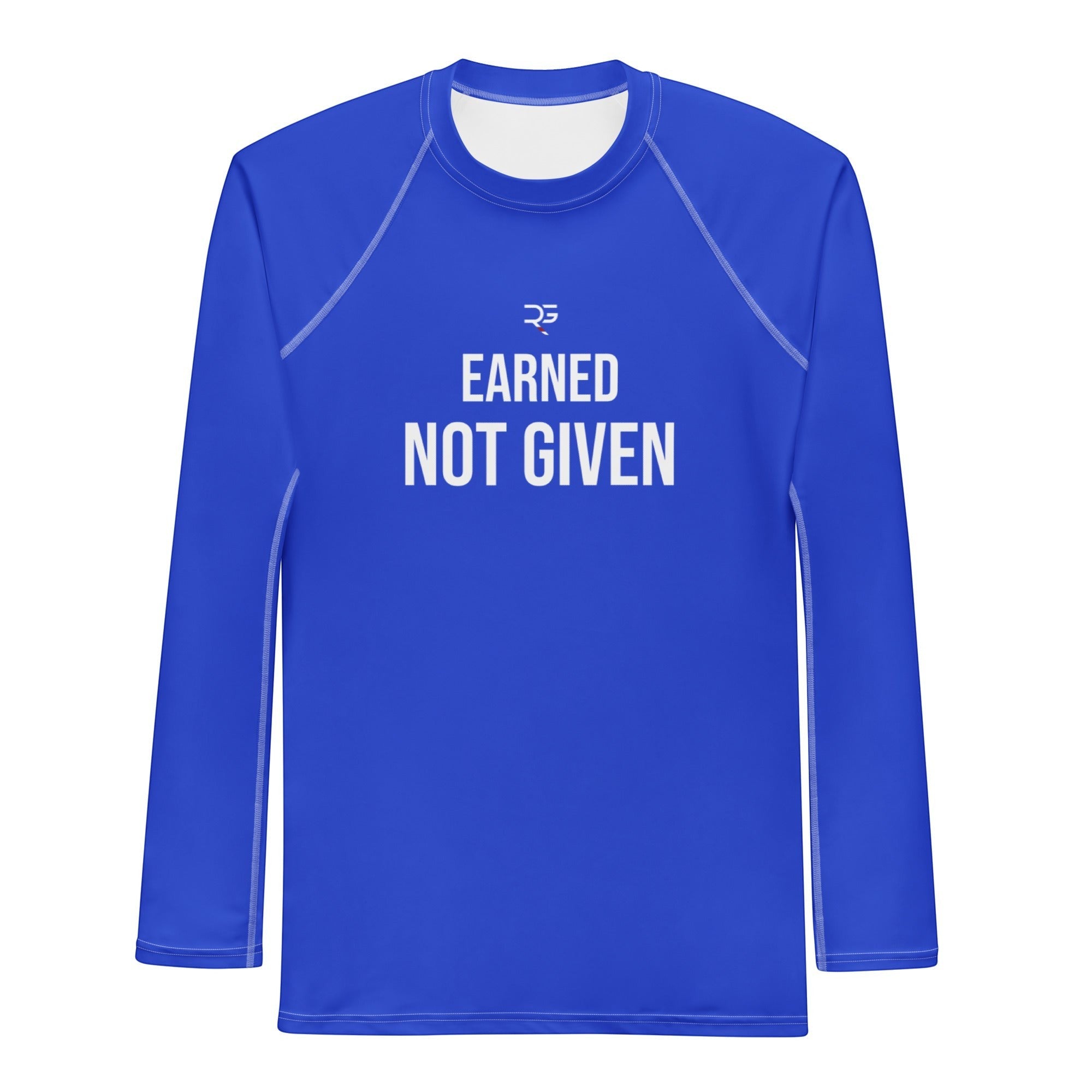 Roll Gear Excuses Don’t Burn Calories Men’s Long Sleeve Rash Guard – Blue, flat front view, Earned Not Given text.