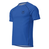 Roll Gear blue short-sleeve rash guard with moisture-wicking fabric and reinforced seams for athletic training.
