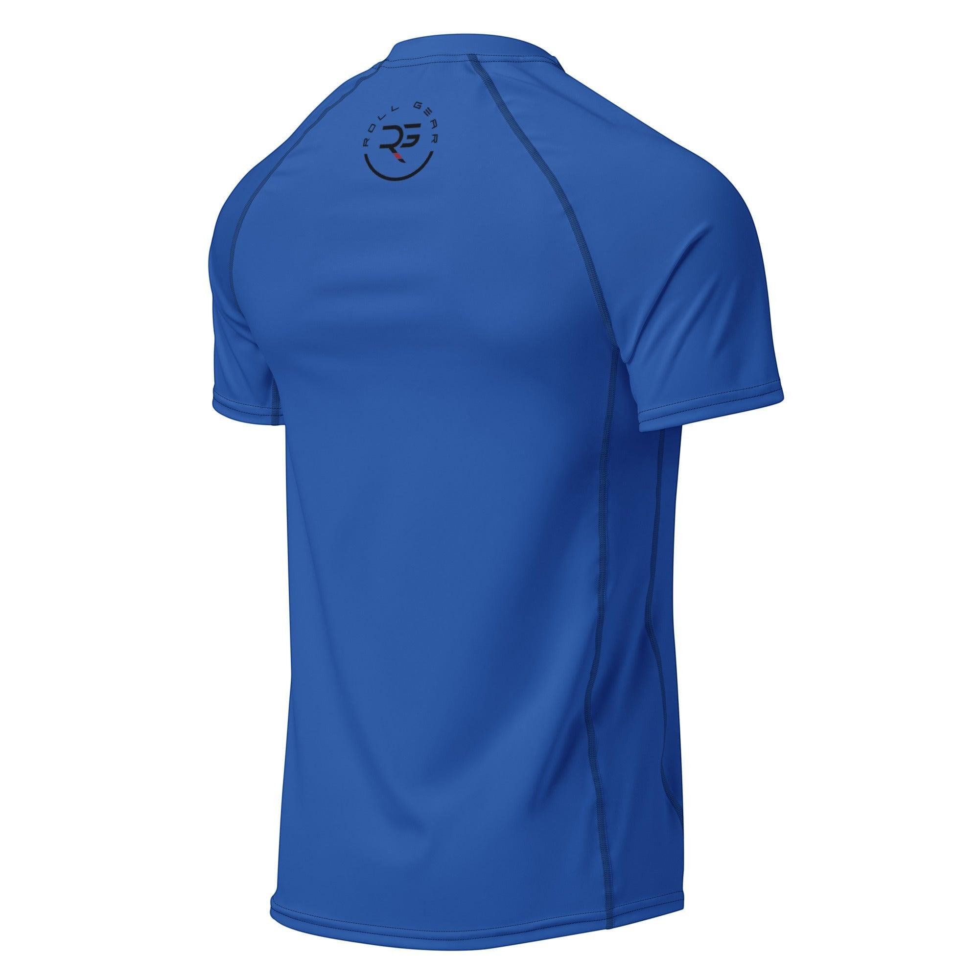 Roll Gear blue short-sleeve performance rash guard with reinforced seams and logo on back. Unisex adult.