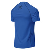 Roll Gear blue short-sleeve performance rash guard with reinforced seams and logo on back. Unisex adult.