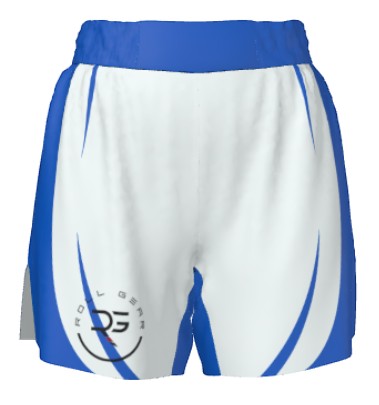 Roll Gear™ blue and white grappling shorts with a comfortable waistband and side slits for movement. IBJJF compliant.