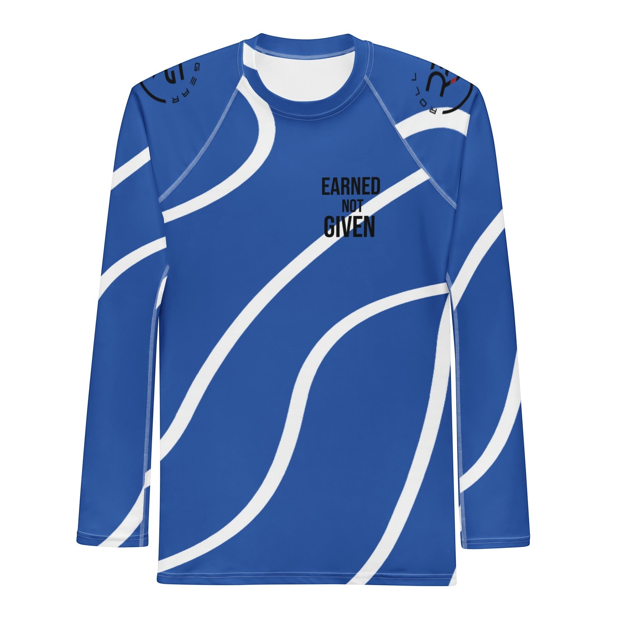 Roll Gear men's blue and white swirl long sleeve rash guard with "Earned Not Given" graphic. Performance fabric.