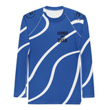 Roll Gear men's blue and white swirl long sleeve rash guard with "Earned Not Given" graphic. Performance fabric.