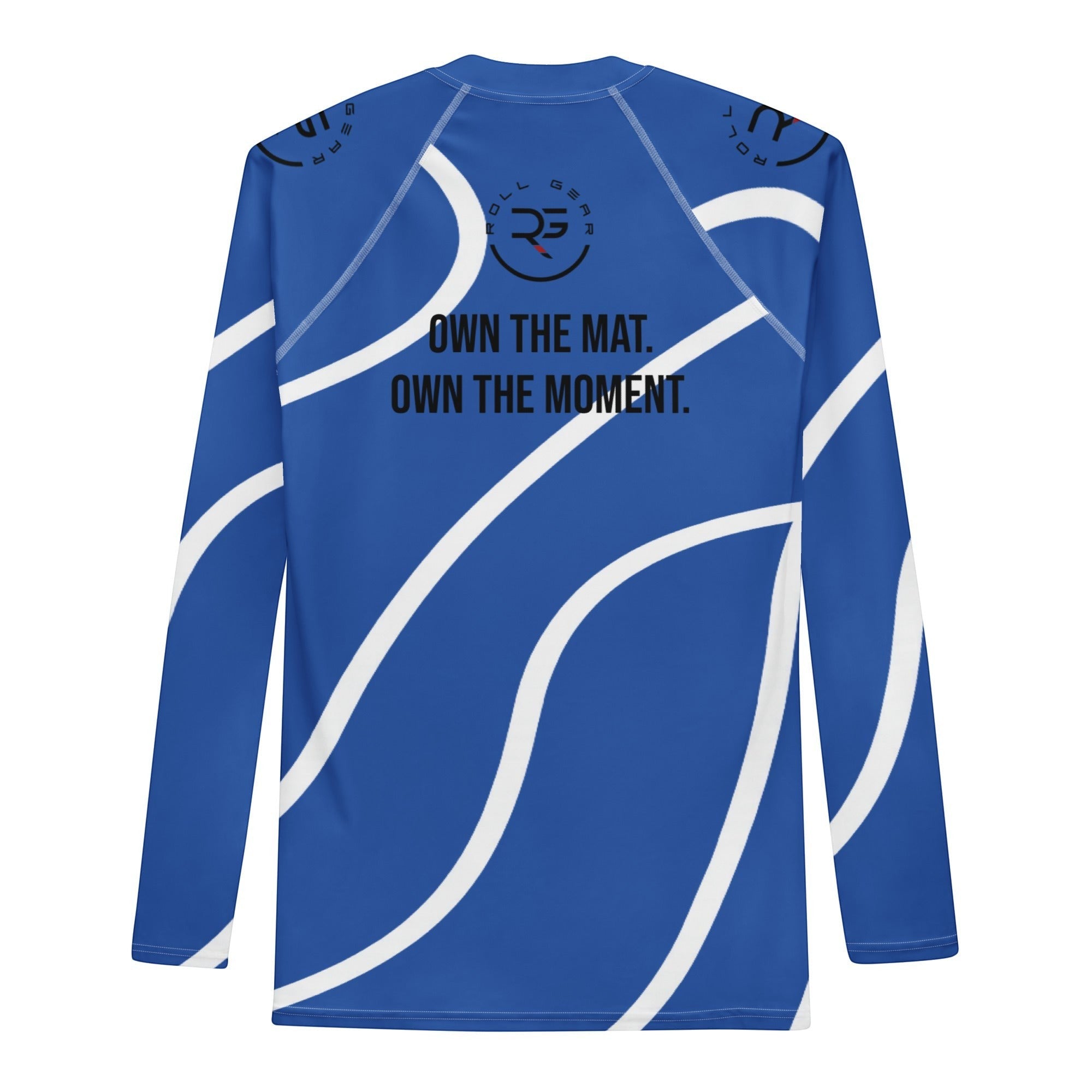Roll Gear men's blue and white swirl long sleeve rash guard with "Own the Mat. Own the Moment." graphic.