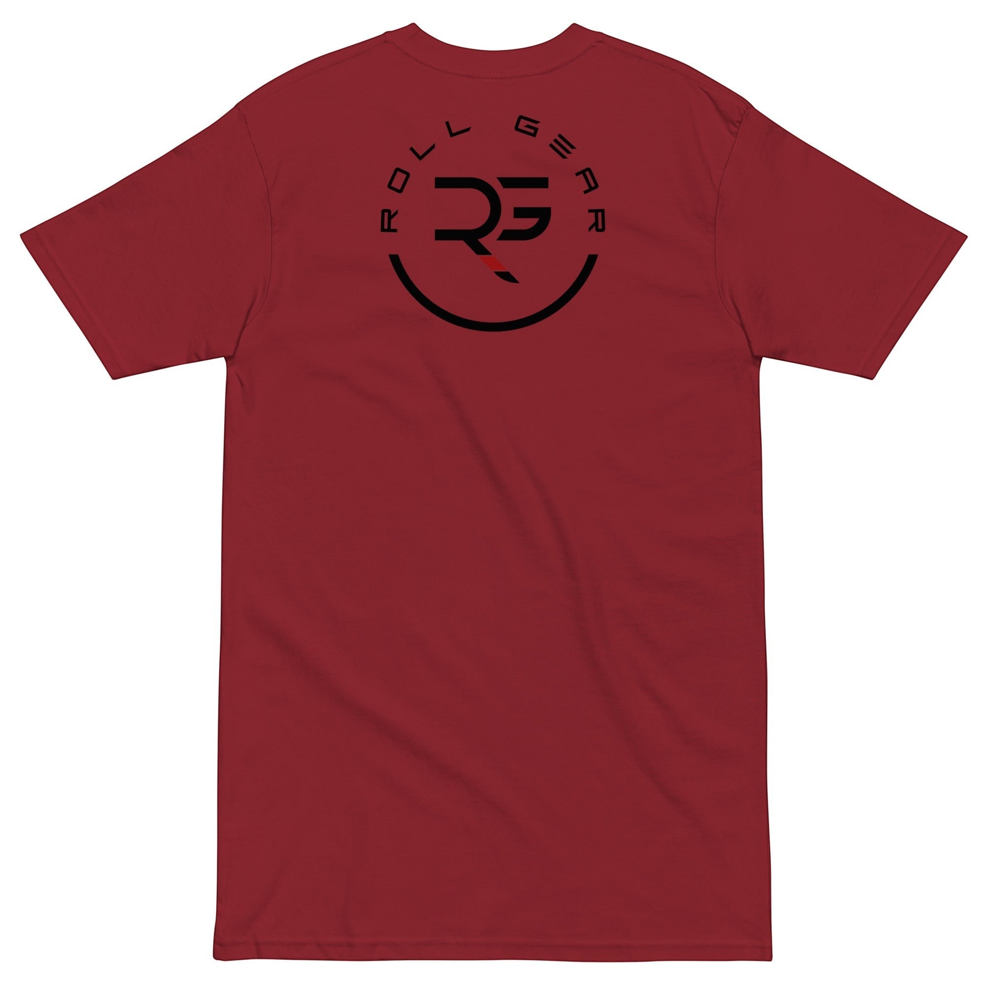 Roll Gear Excuses Don't Burn Calories — Premium Heavyweight T-Shirt, flat back view, Roll Gear emblem.