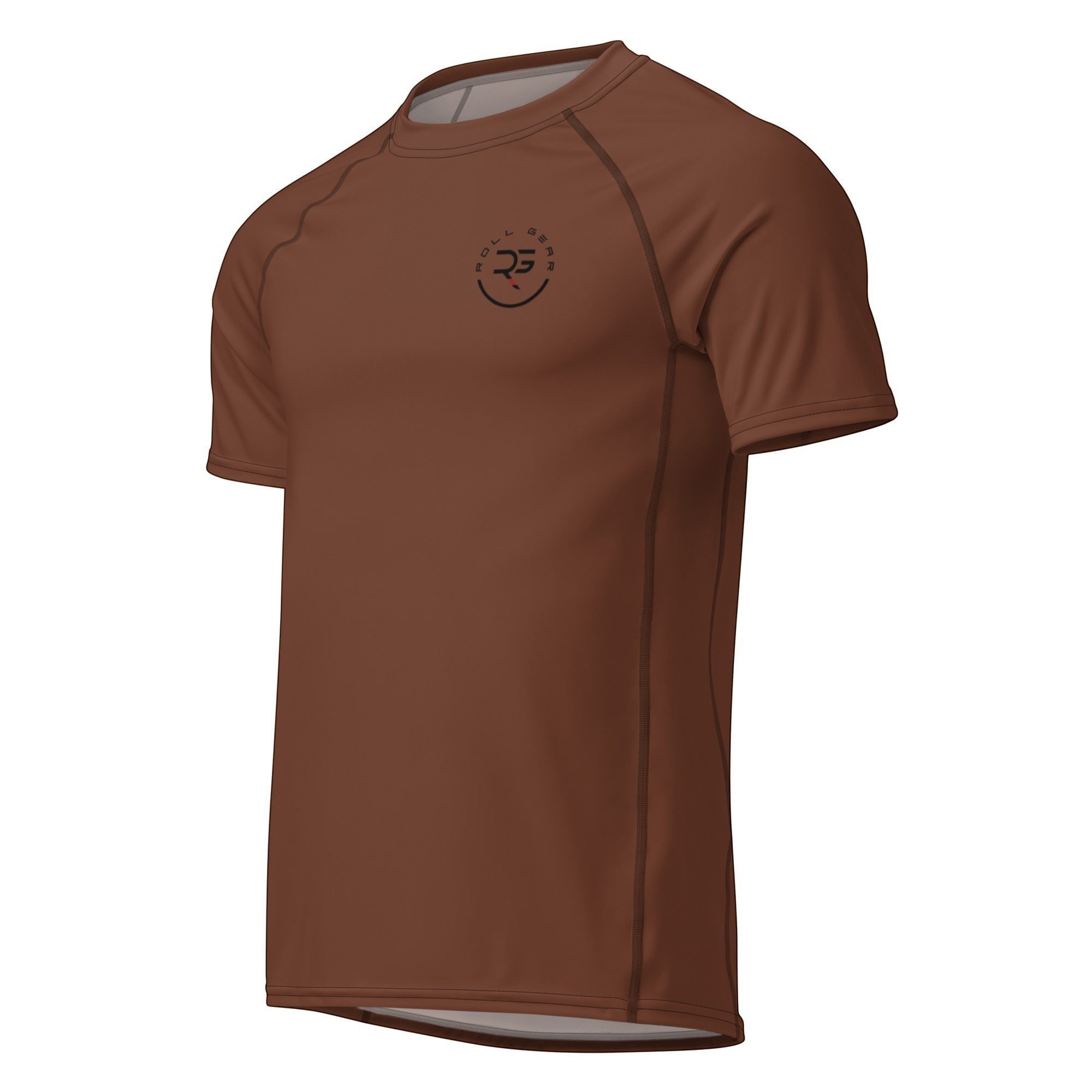 Roll Gear brown short sleeve unisex BJJ rash guard with moisture-wicking fabric and reinforced seams.