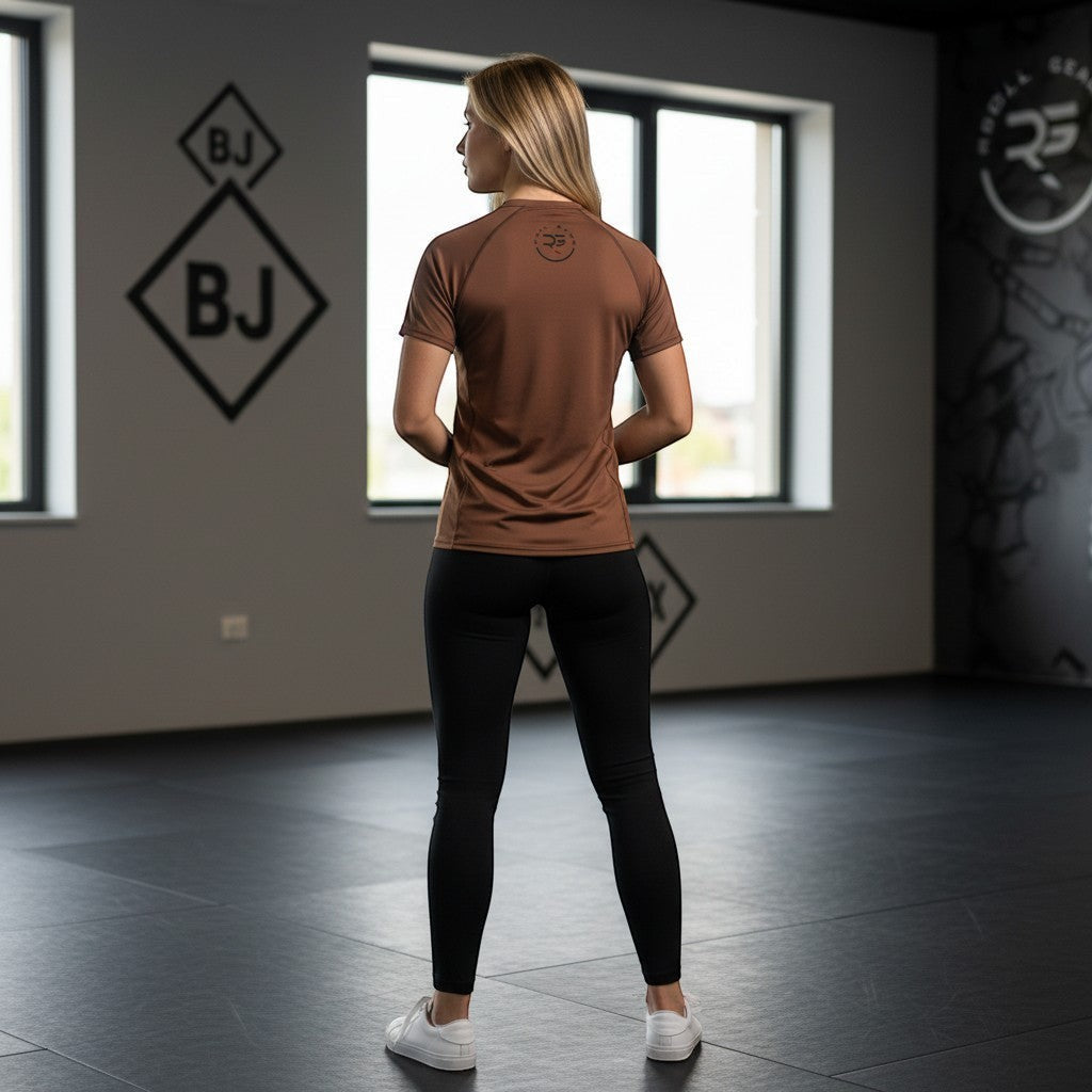 Roll Gear brown short sleeve unisex BJJ rash guard made from moisture-wicking fabric with reinforced seams.