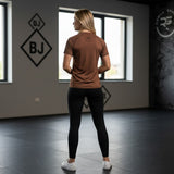 Roll Gear brown short sleeve unisex BJJ rash guard made from moisture-wicking fabric with reinforced seams.