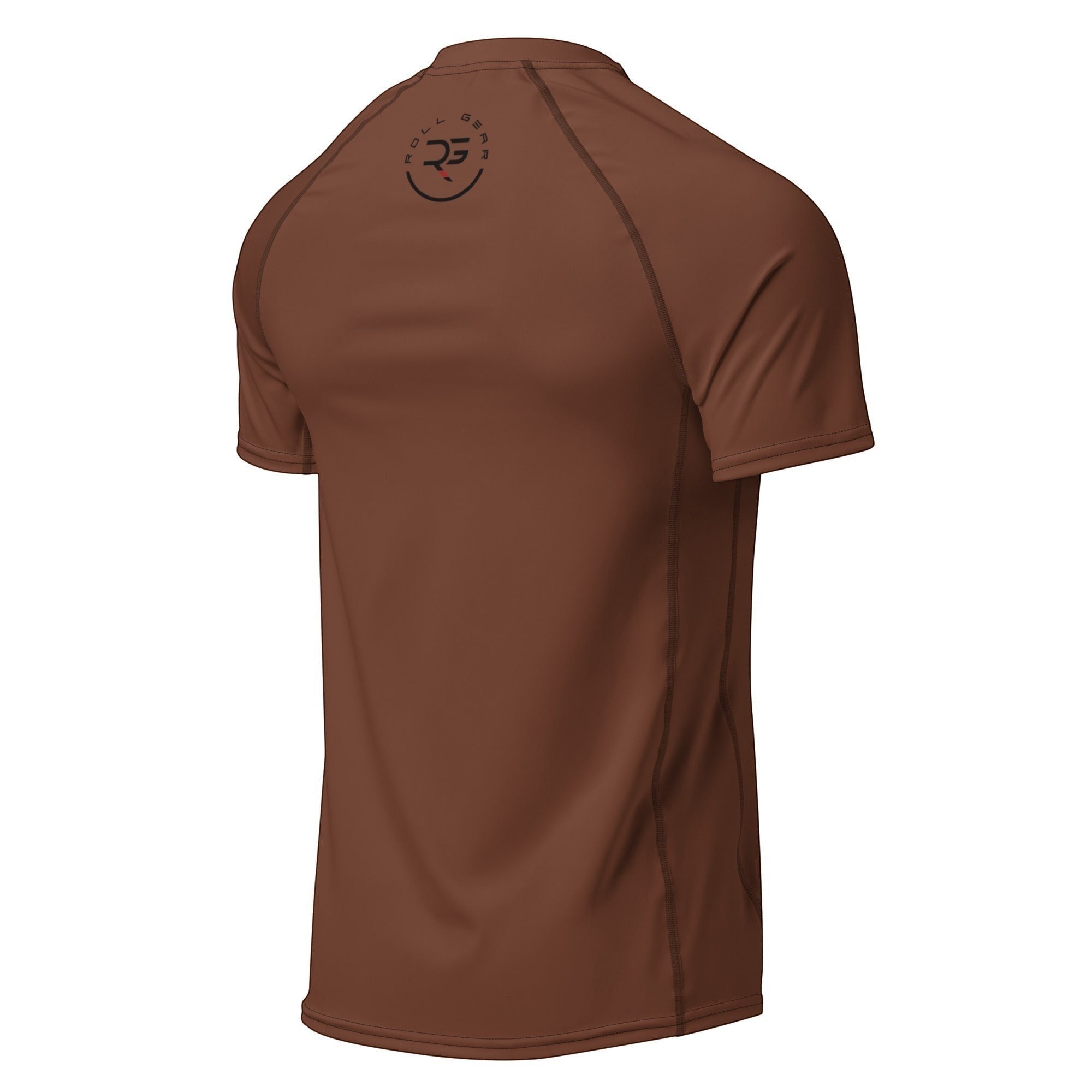 Roll Gear brown short sleeve unisex BJJ rash guard with moisture-wicking fabric and reinforced seams.