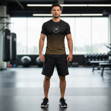Roll Gear adult short sleeve rash guard with black to brown gradient fade and signature chest emblem.