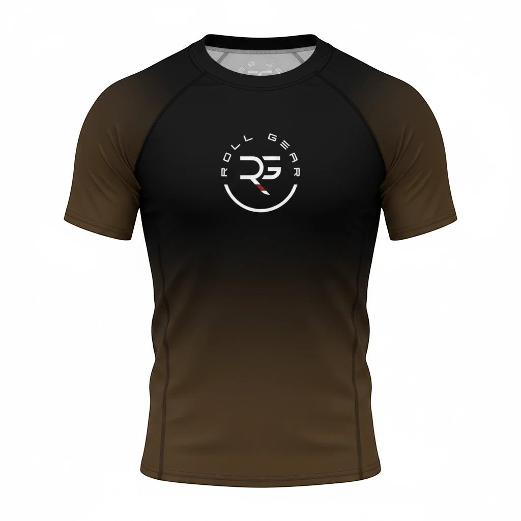 Roll Gear Brown Fade Rash Guard – Brown/Black – Adult Short Sleeve, flat front view, Roll Gear chest emblem.