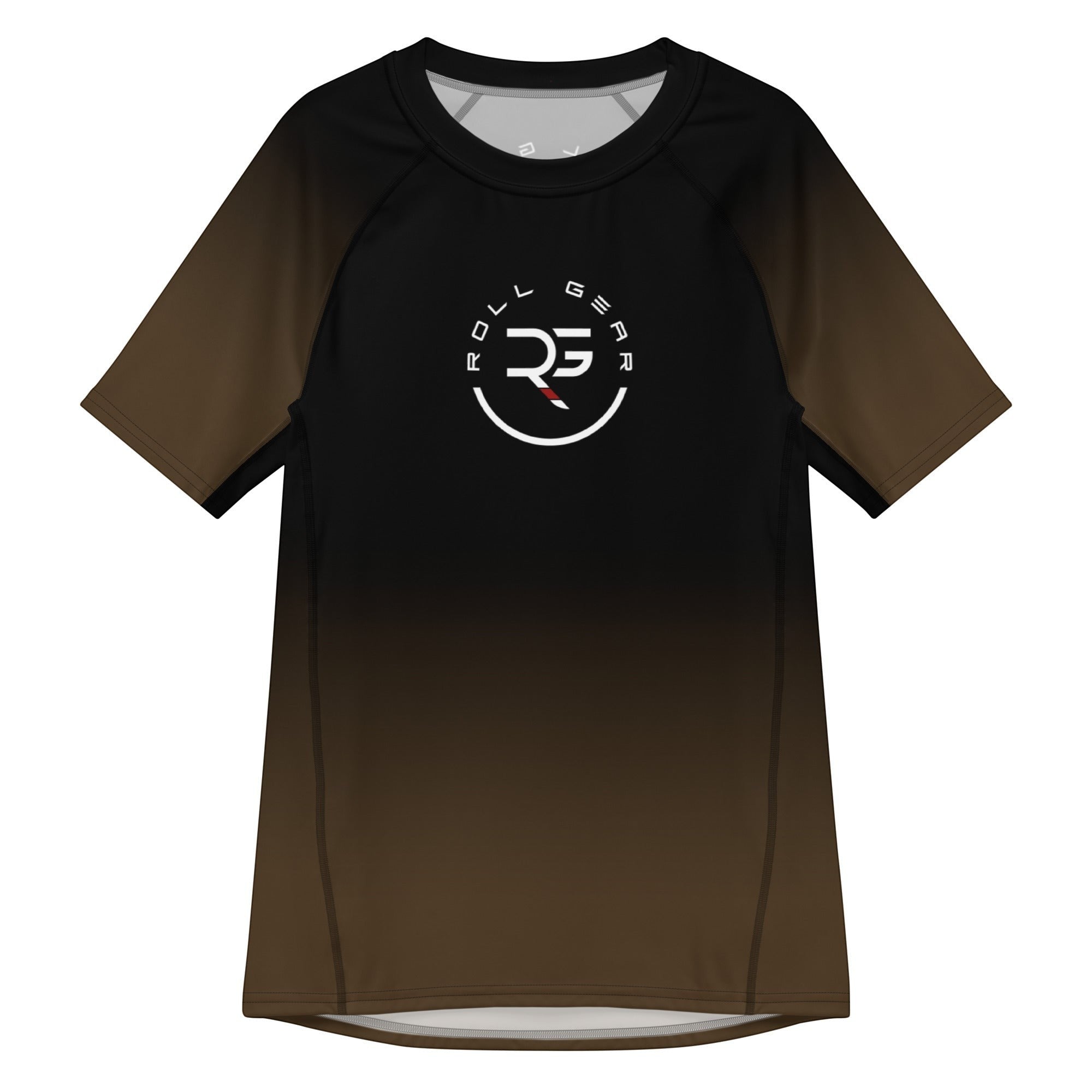 Roll Gear Brown Fade Rash Guard – Brown/Black – Adult Short Sleeve, second flat front view.