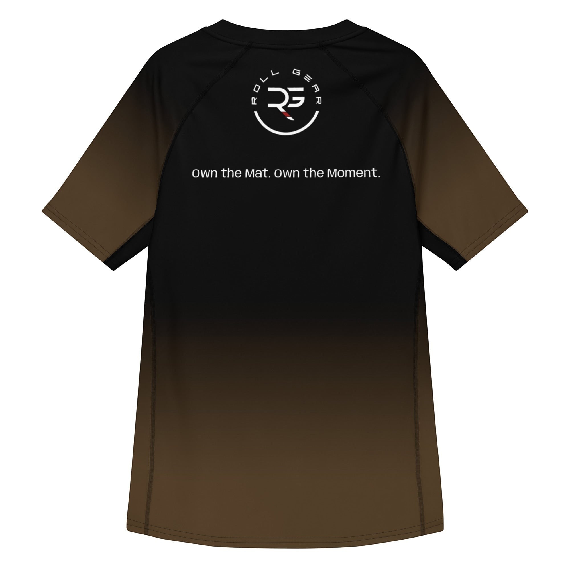 Roll Gear Brown Fade Rash Guard – Brown/Black – Adult Short Sleeve, flat back view, Roll Gear emblem.