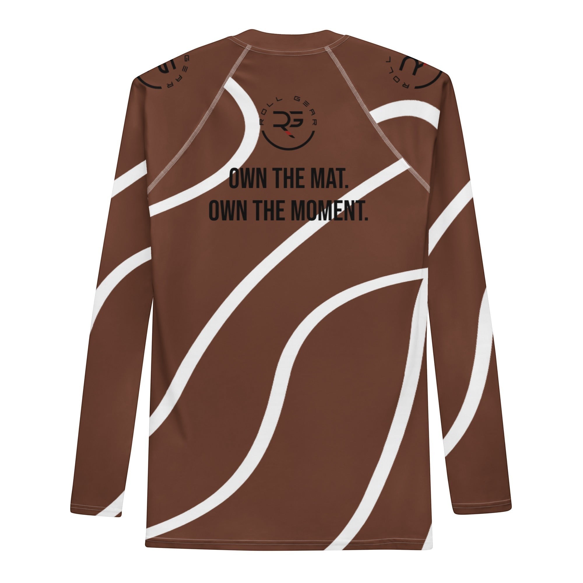Roll Gear men's brown and white swirl long-sleeve rash guard with "Earned Not Given" graphic.
