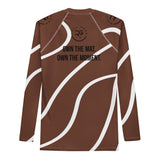 Roll Gear men's brown and white swirl long-sleeve rash guard with "Earned Not Given" graphic.