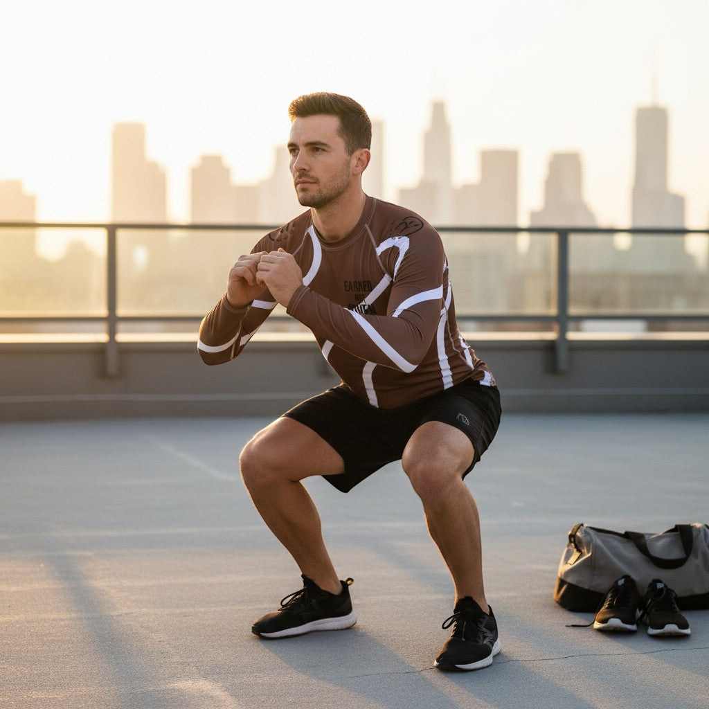 Roll Gear men's brown and white long-sleeve rash guard with swirl detail and "Earned Not Given" text.
