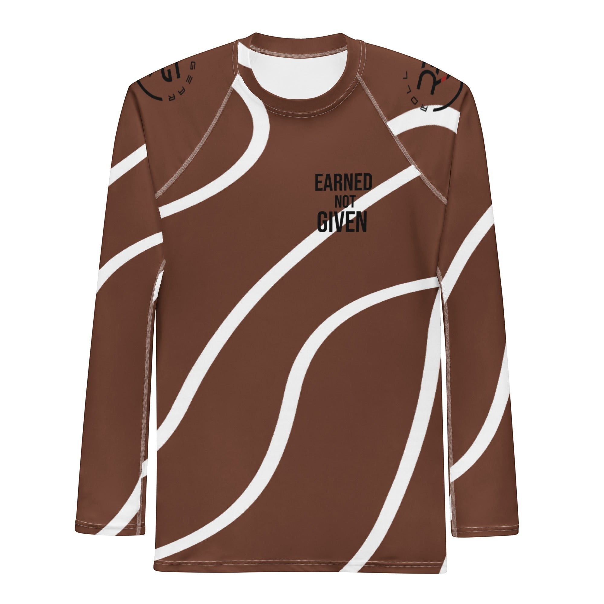 Roll Gear men's brown and white swirl long-sleeve rash guard with "Earned Not Given" text.