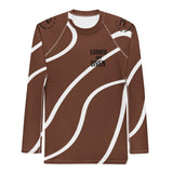 Roll Gear men's brown and white swirl long-sleeve rash guard with "Earned Not Given" text.