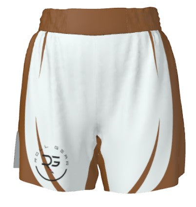 Roll Gear™ brown and white grappling shorts with a split hem and logo on the left leg. Designed for BJJ, MMA, and no-gi training.