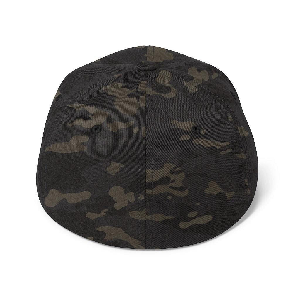 Roll Gear black and olive camouflage structured stretch fit baseball cap with curved visor.
