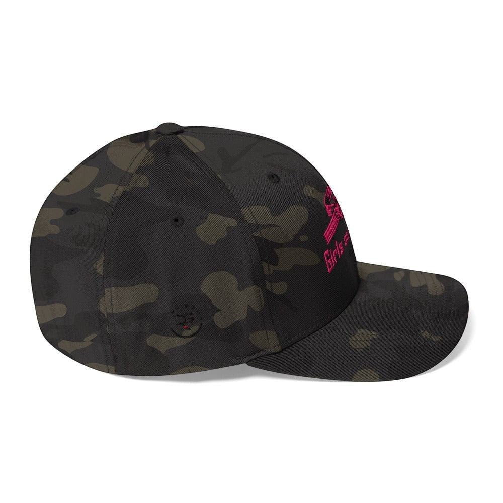 Roll Gear Girls on the Mat embroidered BJJ cap in camouflage with pink belt graphic and stretch fit.