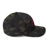 Roll Gear Girls on the Mat embroidered BJJ cap in camouflage with pink belt graphic and stretch fit.