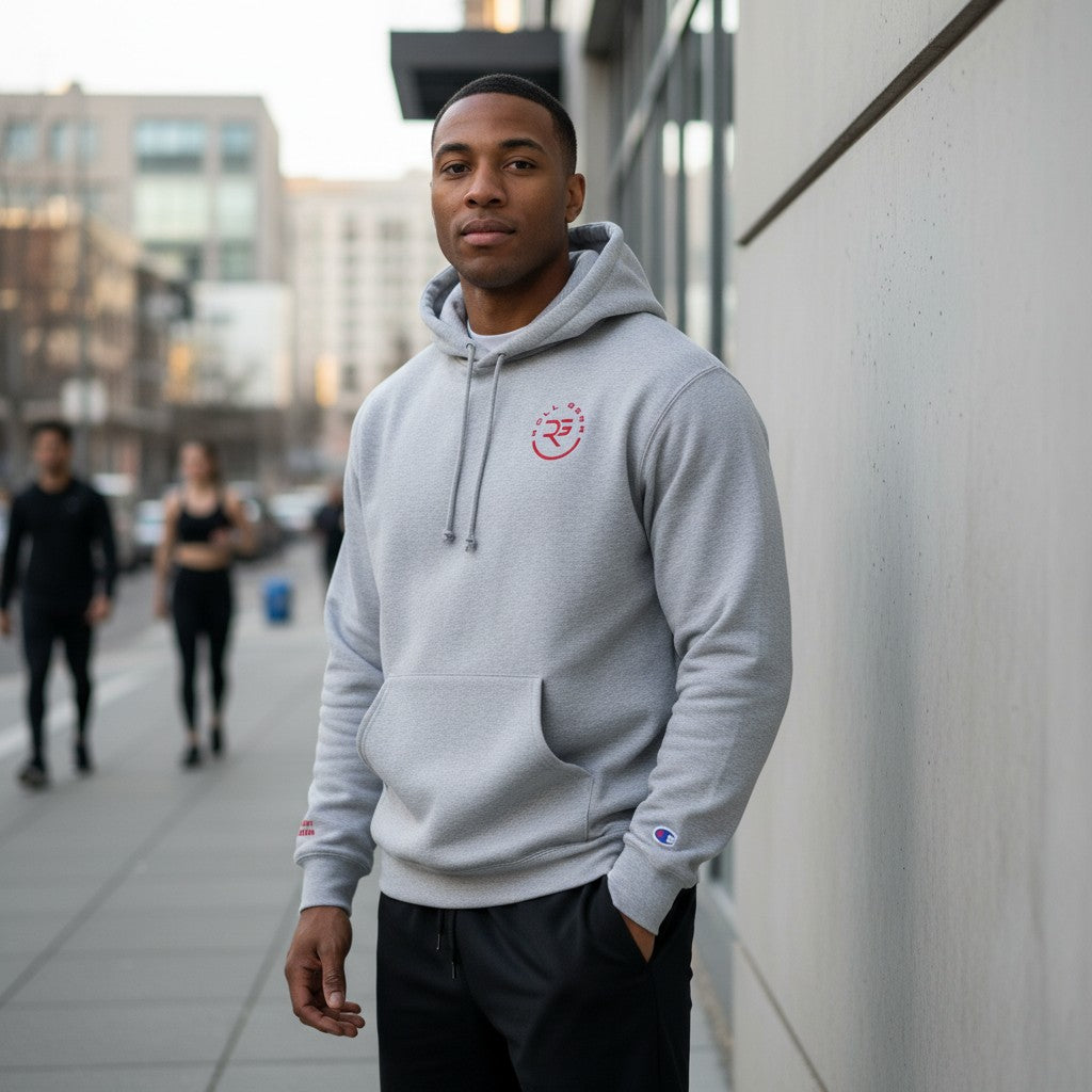 Roll Gear Champion grey heather cotton-blend hoodie with red logo on chest and sleeve, kangaroo pocket.