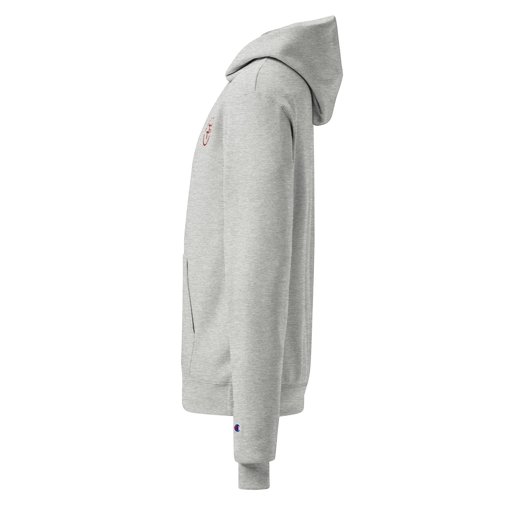 Roll Gear Champion grey heather cotton-blend hoodie with red chest logo and Champion C on sleeve.