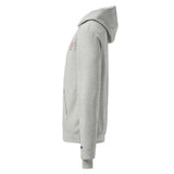 Roll Gear Champion grey heather cotton-blend hoodie with red chest logo and Champion C on sleeve.