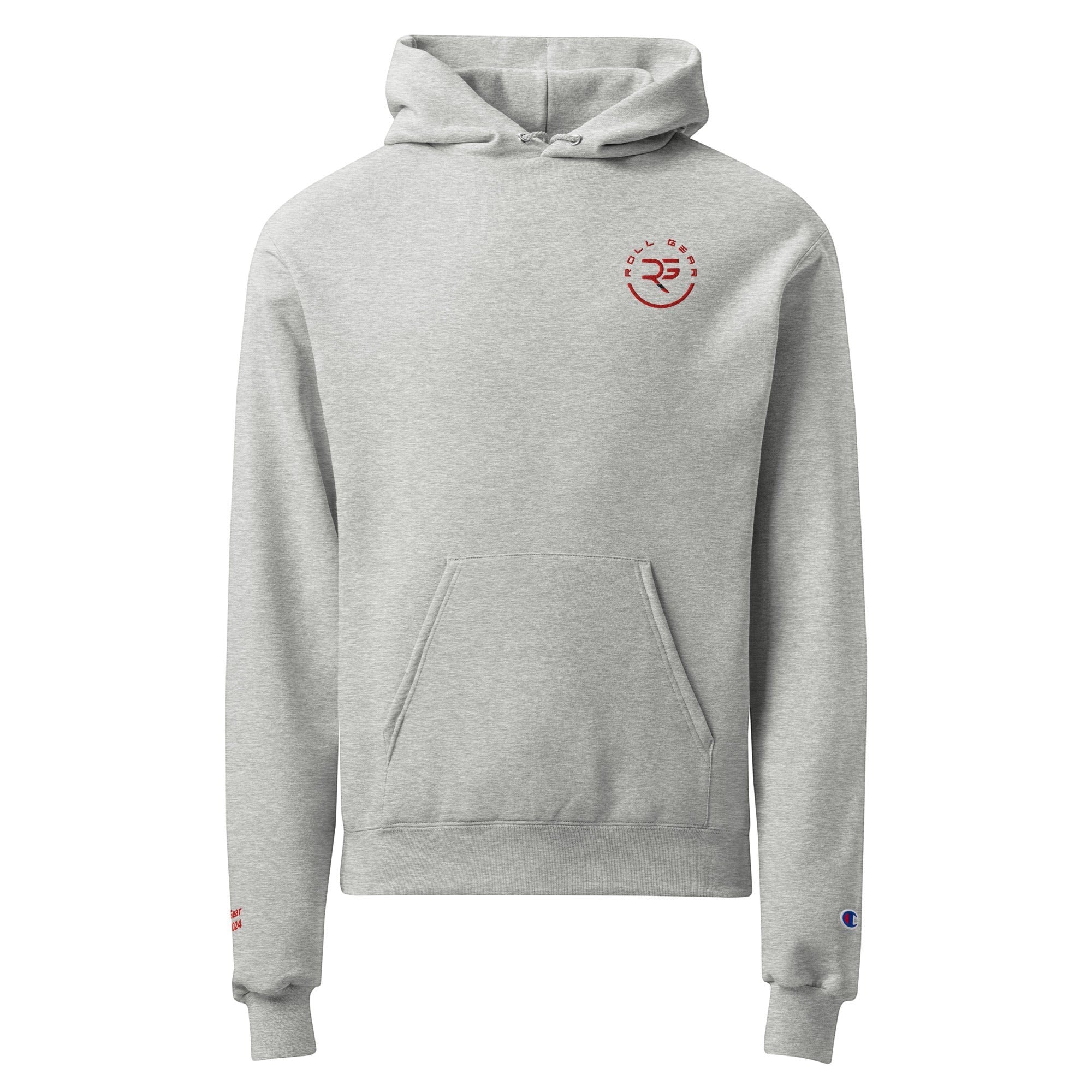 Roll Gear Champion grey heather hoodie with red logo on chest and sleeve, featuring a kangaroo pocket and adjustable hood.
