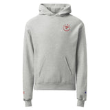 Roll Gear Champion grey heather hoodie with red logo on chest and sleeve, featuring a kangaroo pocket and adjustable hood.
