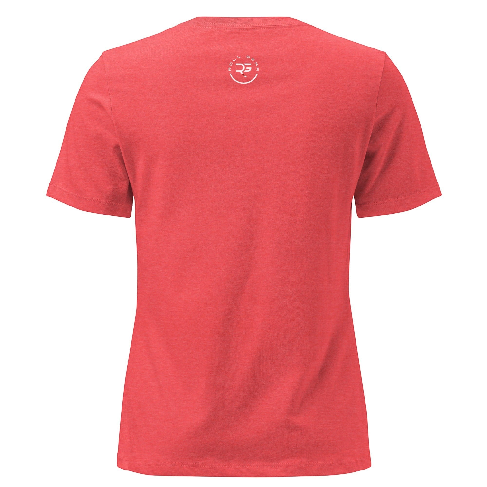 Roll Gear women's relaxed fit coral t-shirt with a small white logo on the back.