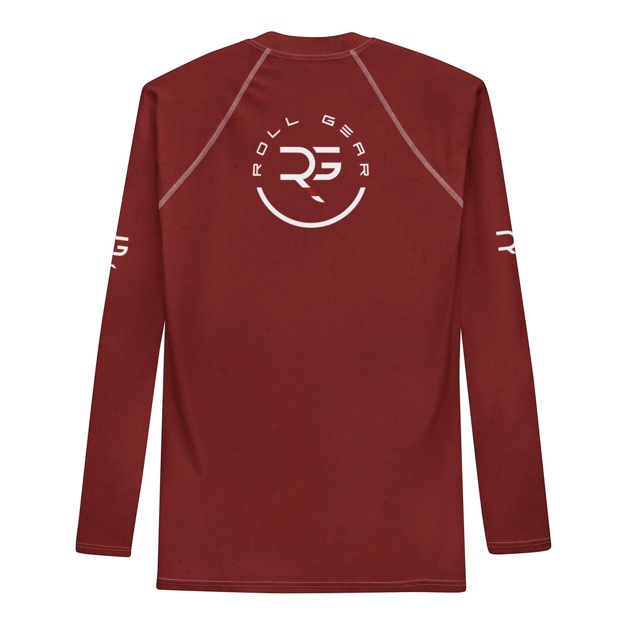 Roll Gear Earned Not Given Long Sleeve Rash Guard – Deep Red – Men’s, flat back view, Roll Gear emblem.
