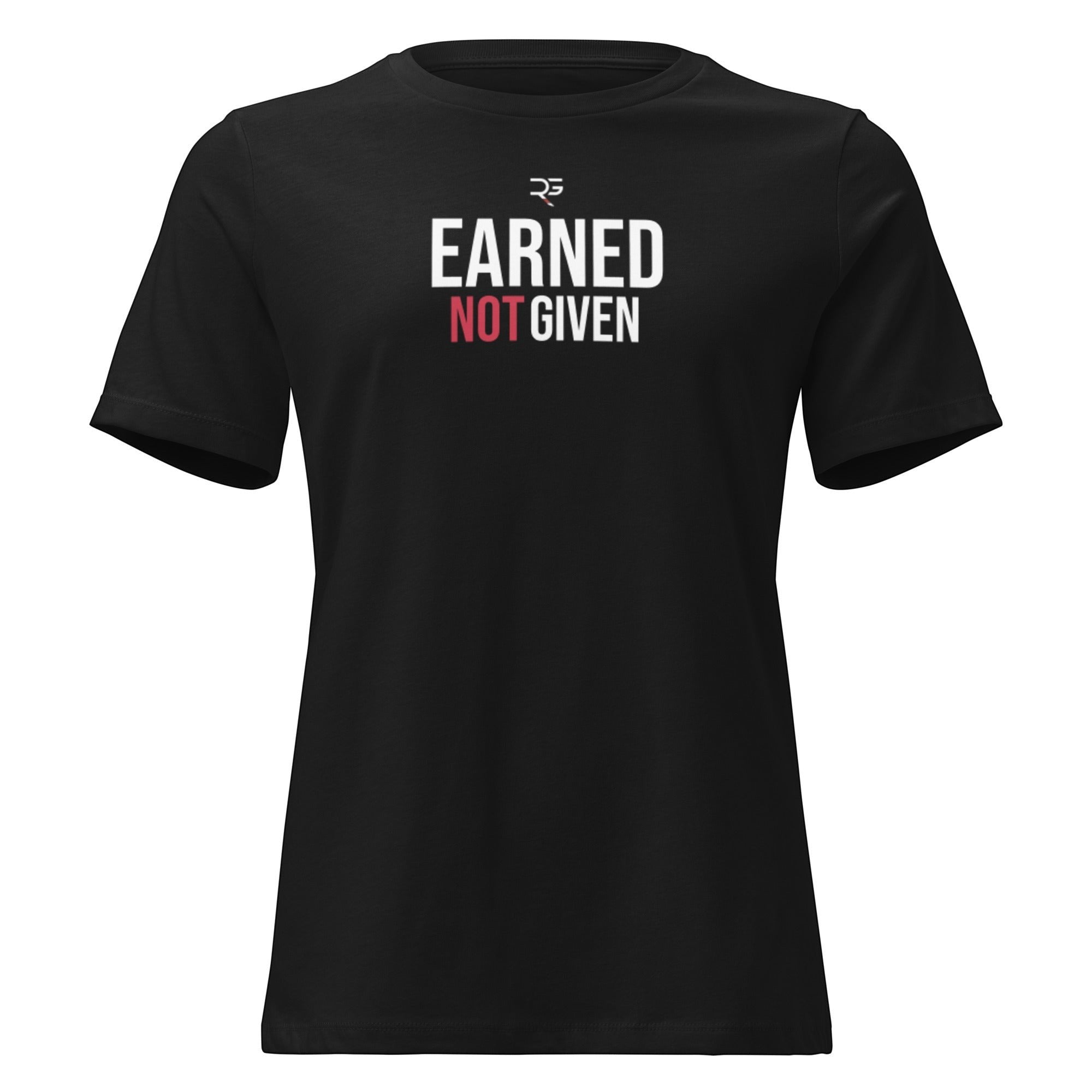 Roll Gear black cotton t-shirt with white and red "Earned Not Given" graphic and Roll Gear logo.