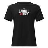 Roll Gear black cotton t-shirt with white and red "Earned Not Given" graphic and Roll Gear logo.