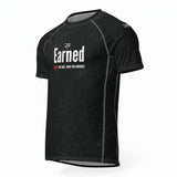 Roll Gear Earned Not Given Short Sleeve Rash Guard – Black, angled flat front view, Earned graphic.
