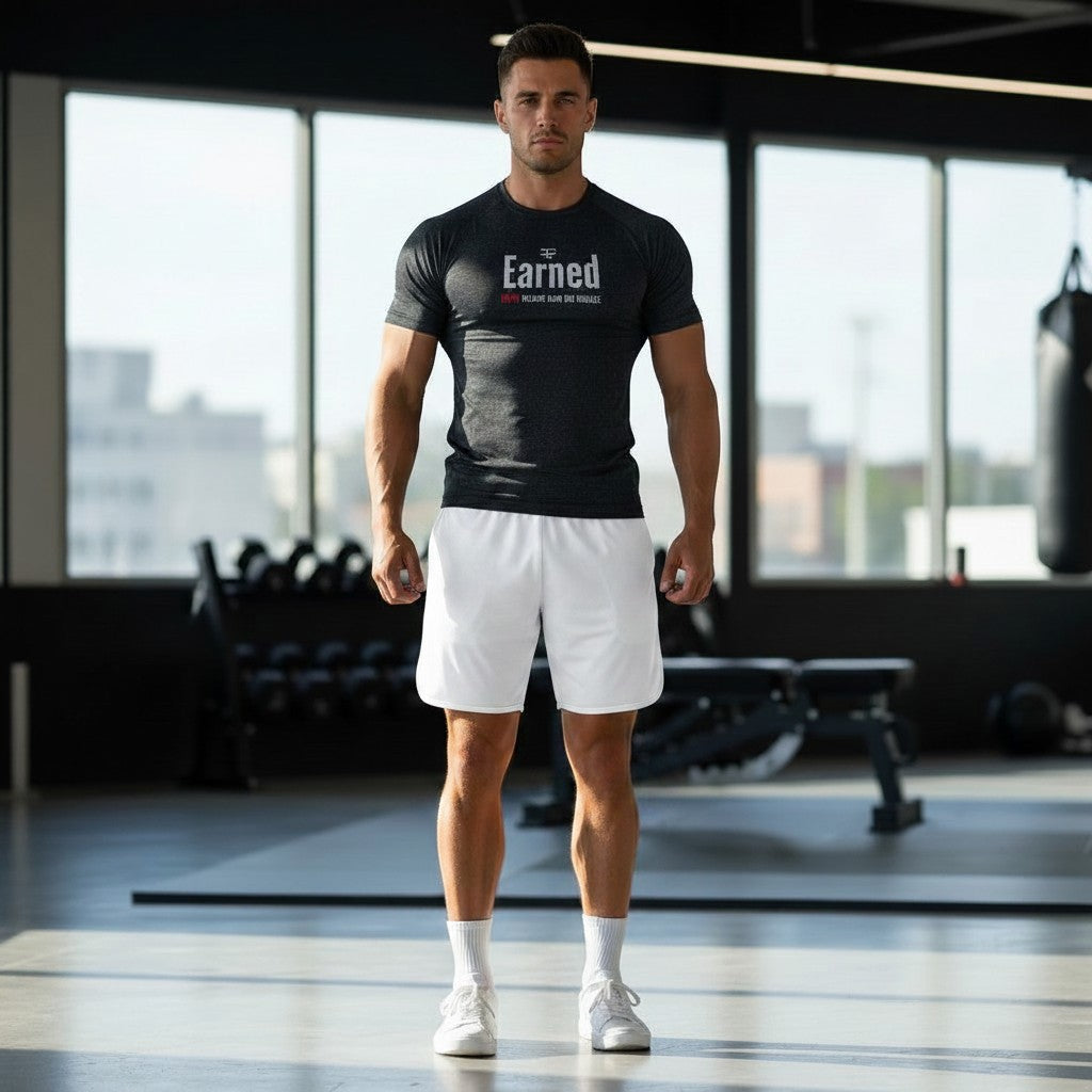 Roll Gear Earned Not Given Short Sleeve Rash Guard – Black, worn by a man standing in a gym.