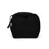 Black polyester duffel bag with white "EARNED NOT GIVEN" text, dual handles, and shoulder strap by Roll Gear.