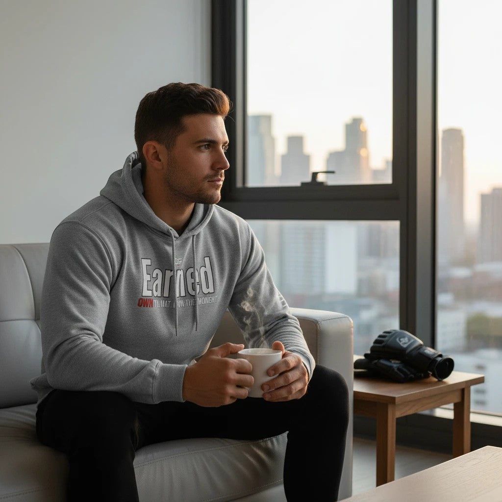 Roll Gear Earned Not Given Legacy Edition grey cotton blend hoodie with graphic text on chest. Man sitting on couch holding mug.
