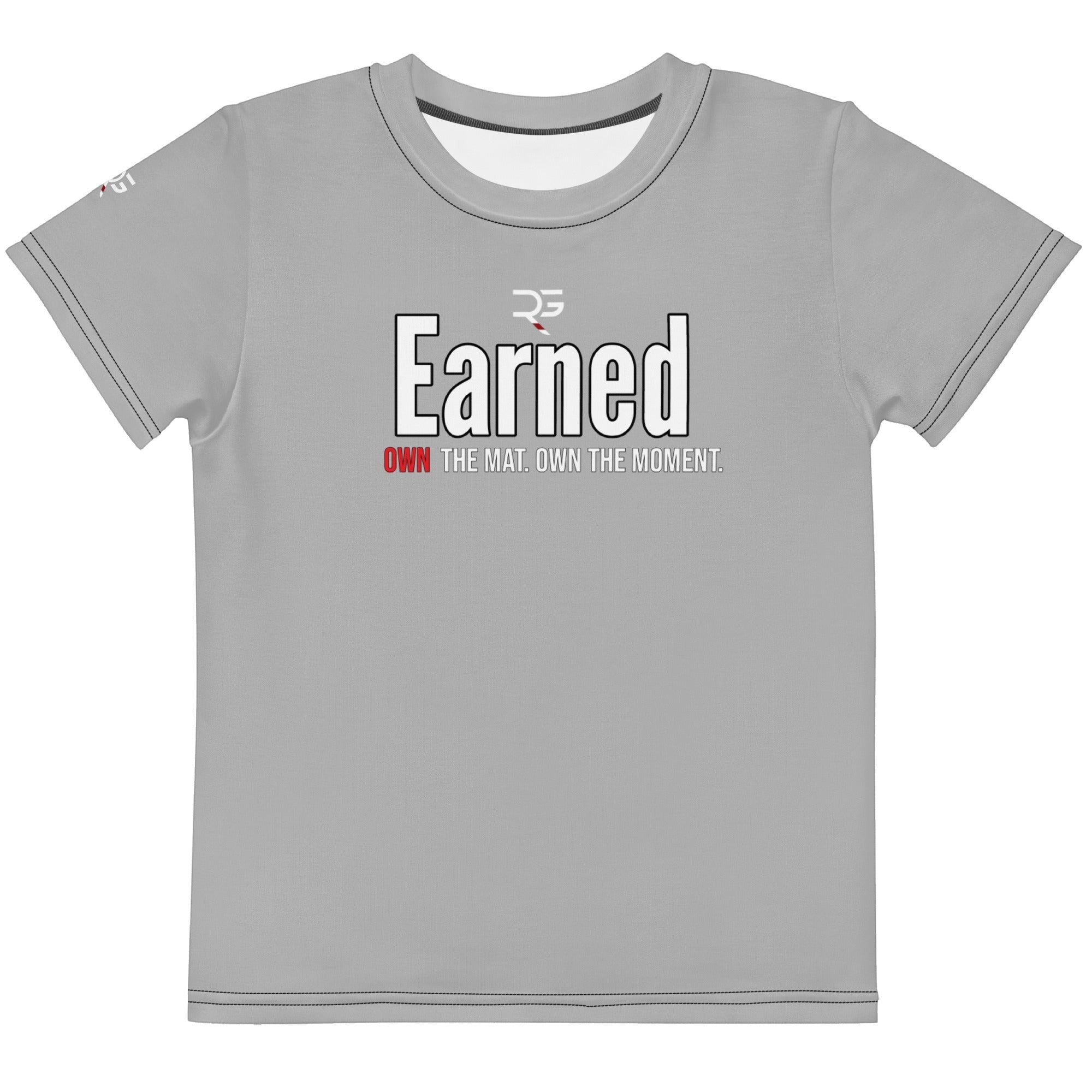 Roll Gear kids grey t-shirt with "Earned Not Given" graphic and "OWN THE MAT. OWN THE MOMENT." text.