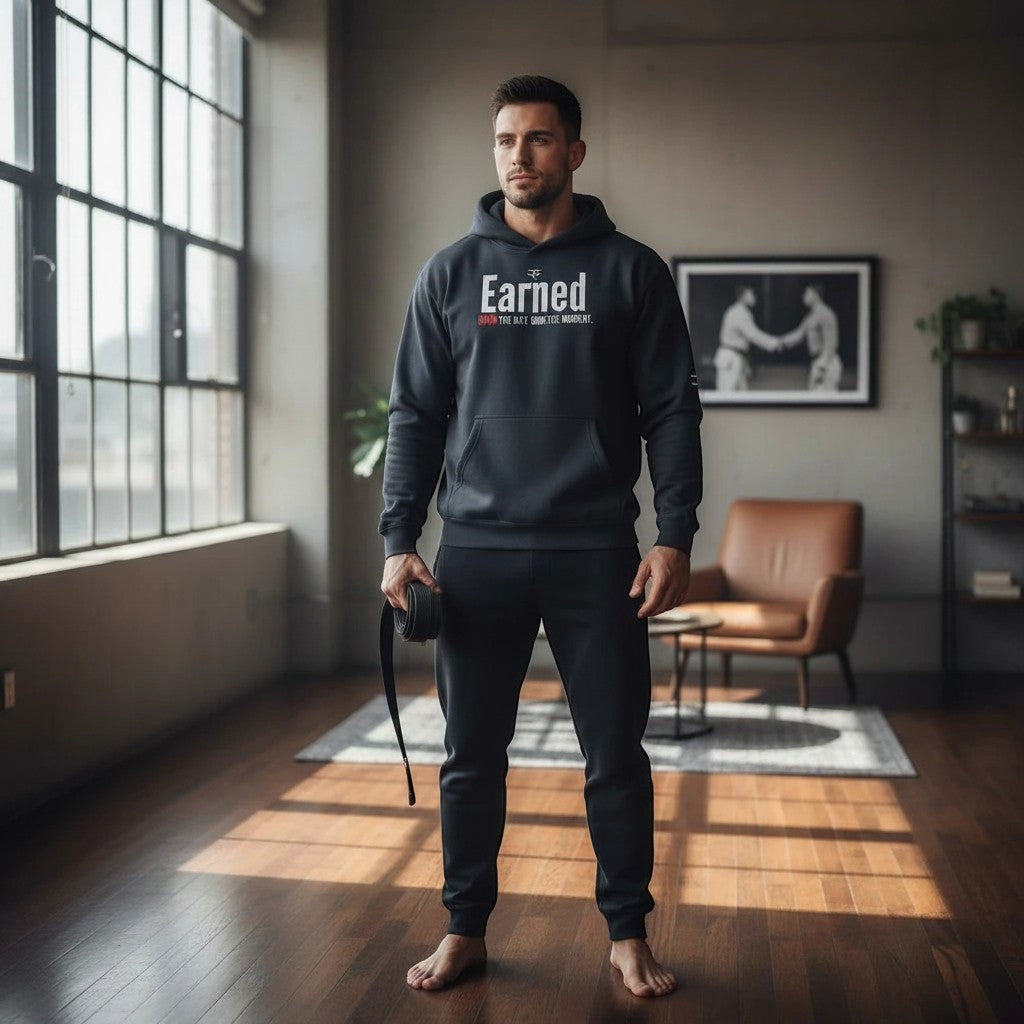 Roll Gear Earned Not Given Legacy Edition dark grey cotton blend hoodie with graphic print and matching joggers.