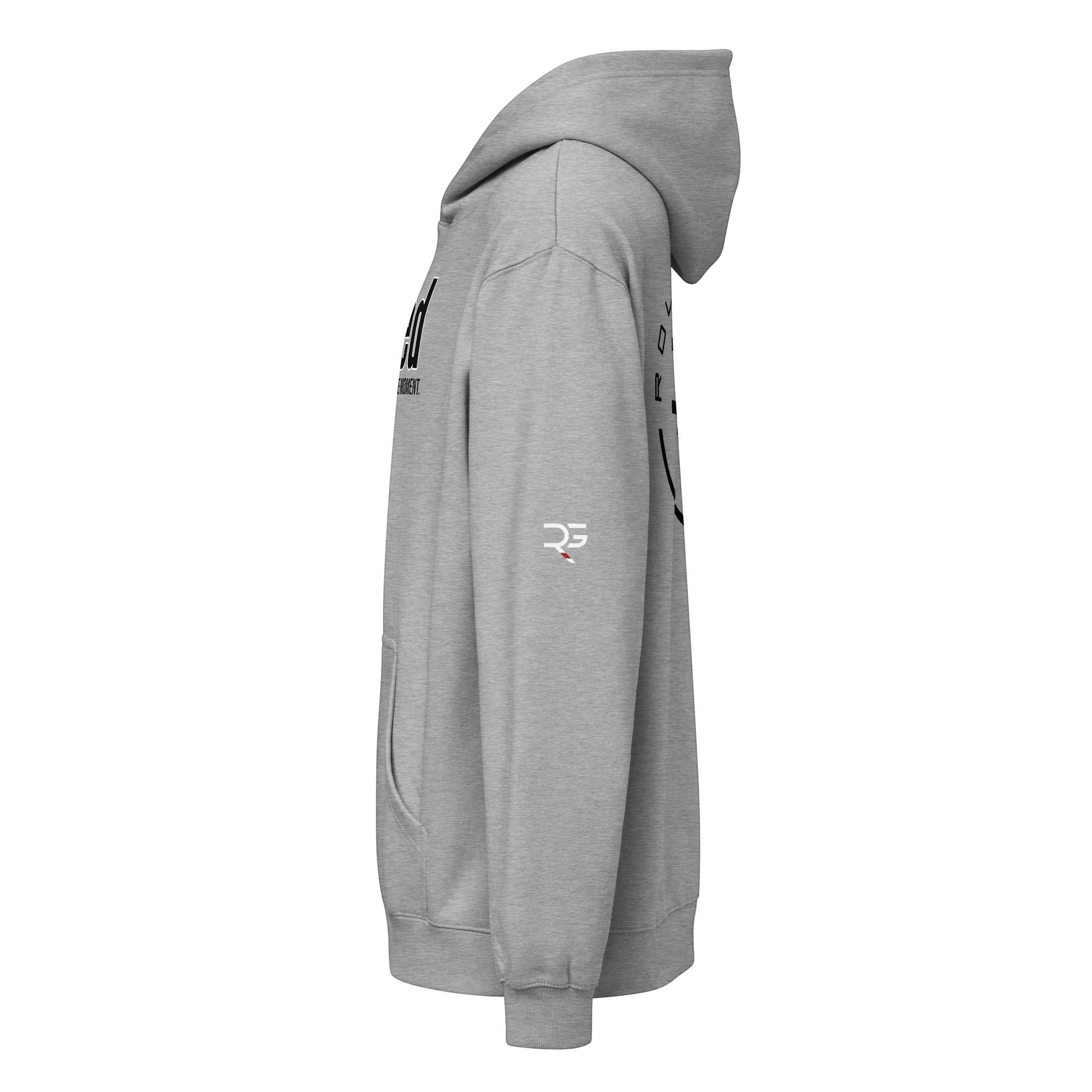 Roll Gear Earned Not Given Legacy Edition grey hooded sweatshirt with front pocket and graphic print on sleeve.