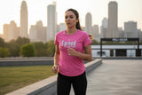 Roll Gear women's pink cotton-elastane blend t-shirt with Earned Not Given Legacy Edition branding, regular fit, for running.