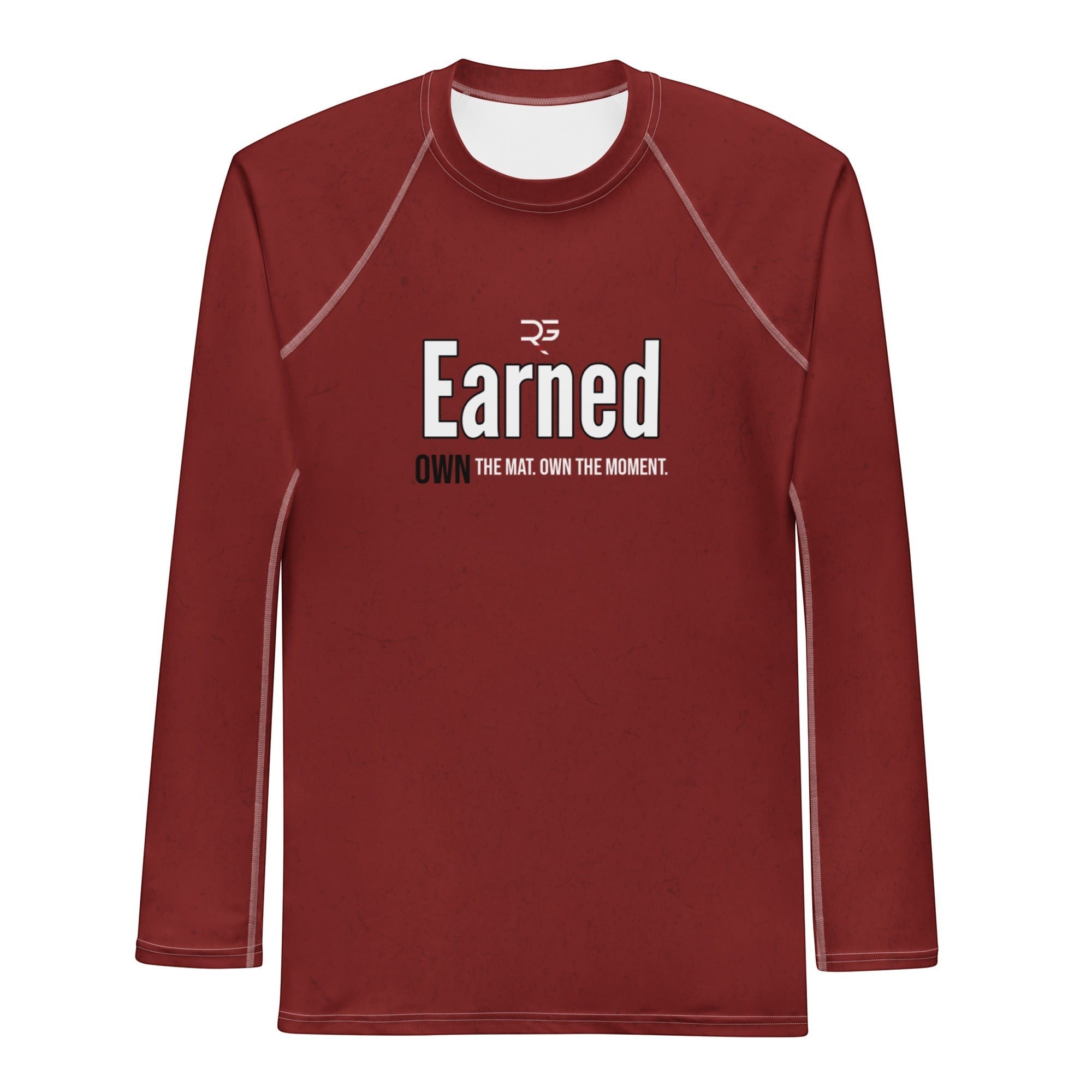 Roll Gear Earned Not Given Long Sleeve Rash Guard – Deep Red – Men’s, flat front view, Earned graphic.